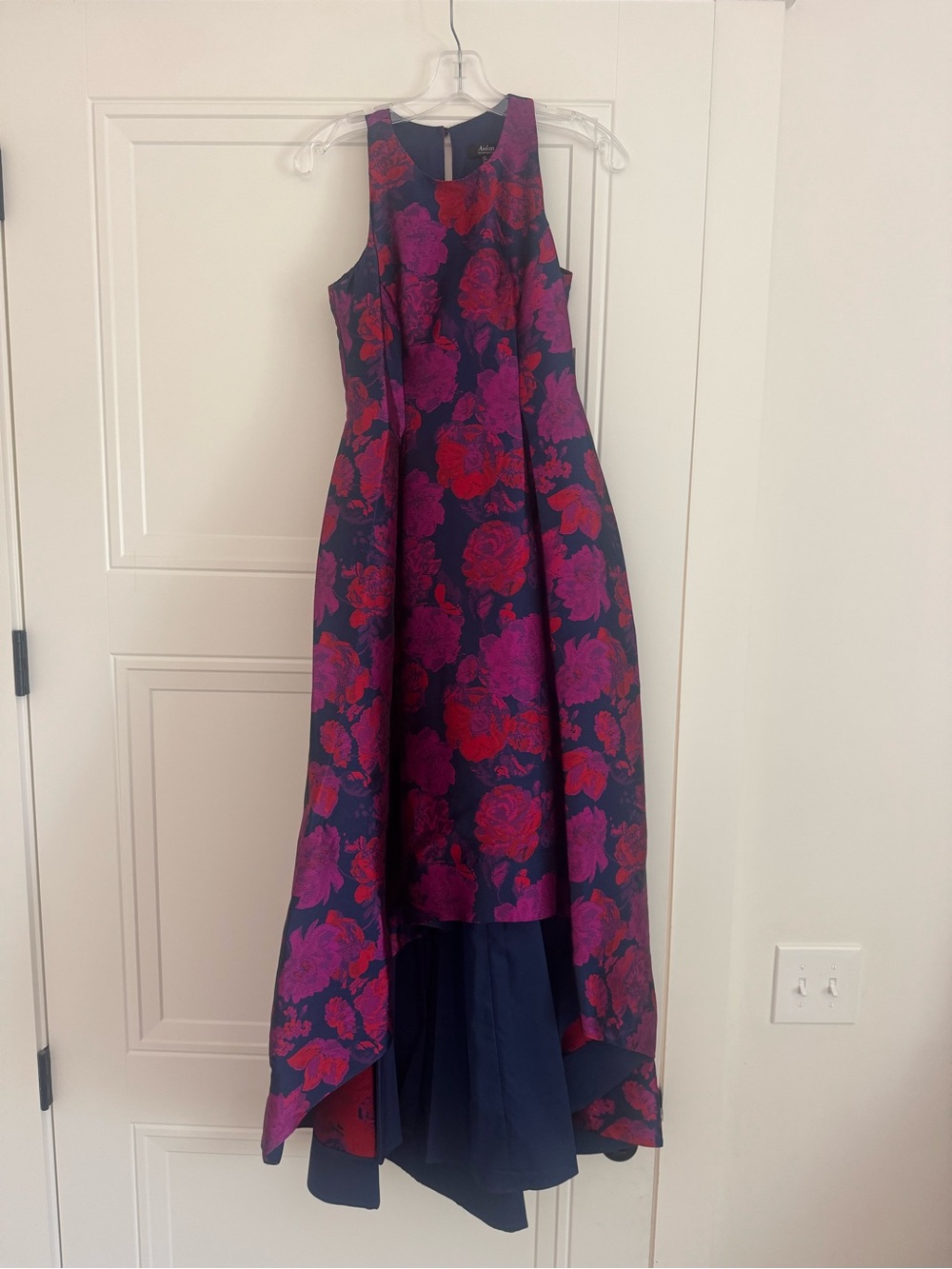 Aidan Mattox Navy High-Low Floral Dress with Fuchsia and Red Roses